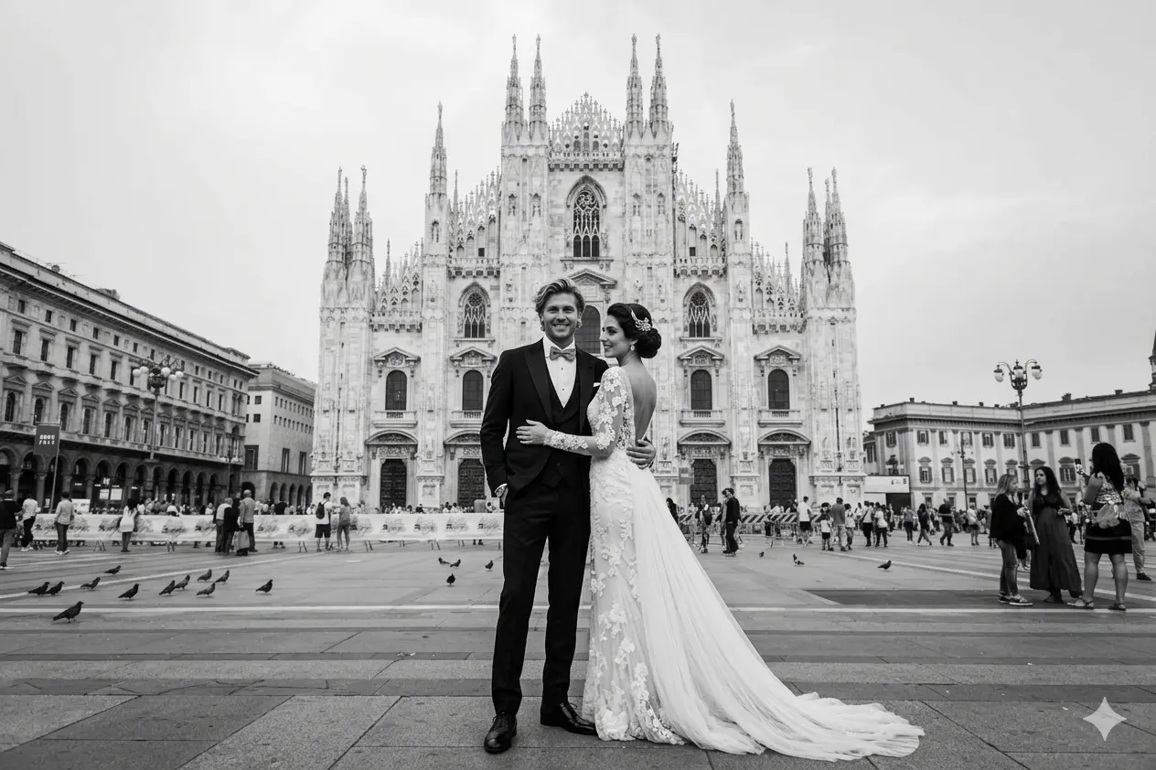 Destination wedding in Milan -- Duomo Cathedral, Bosco Verticale and fashion district editorial wedding