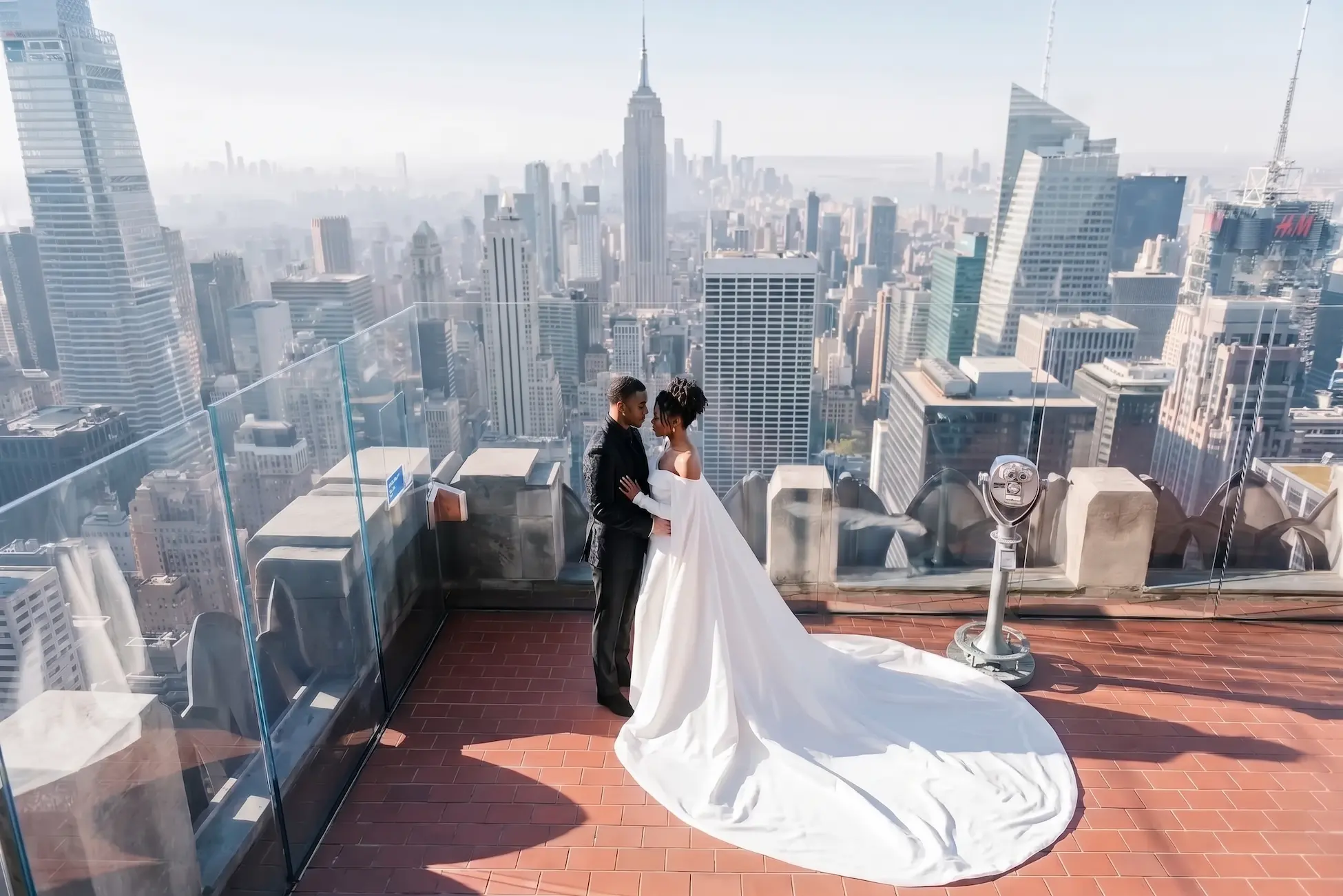 Destination wedding in New York City -- Manhattan skyline rooftop ceremony and Central Park elopement