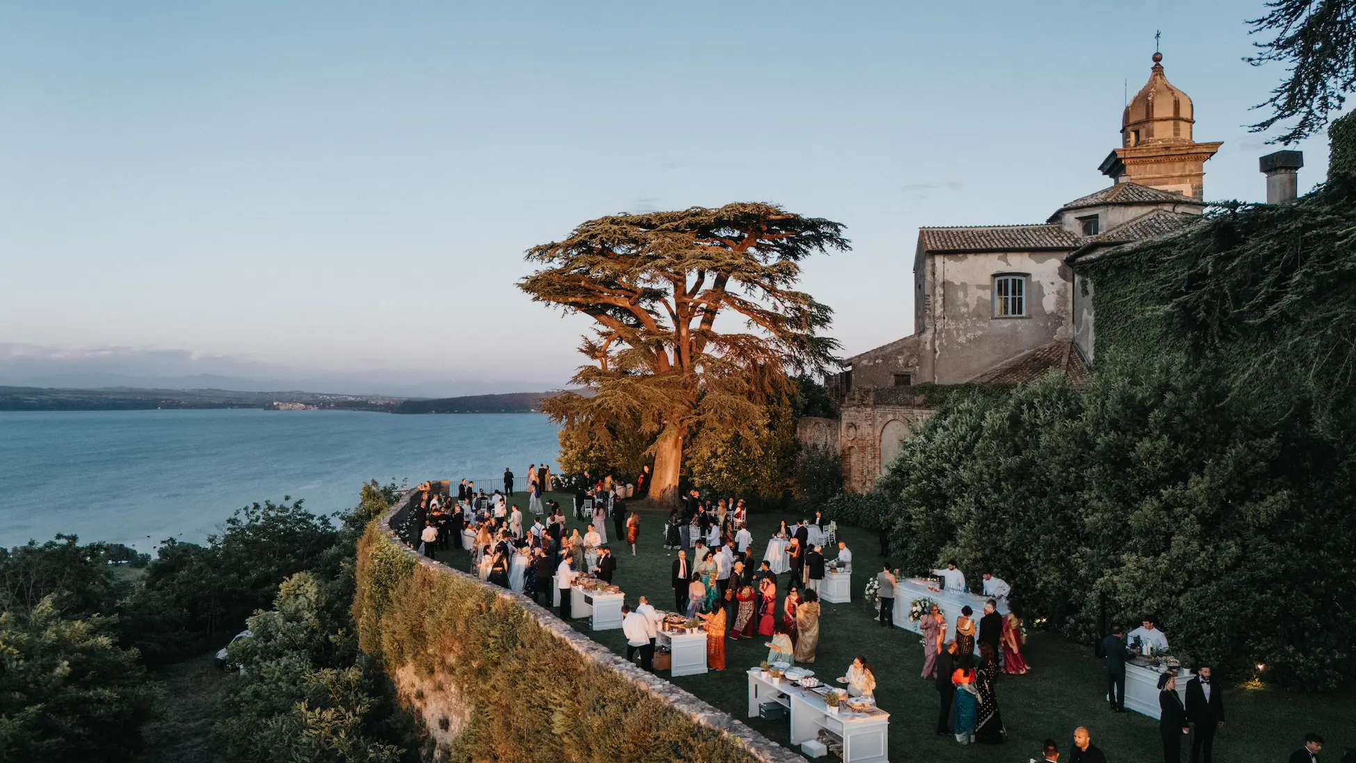 Destination wedding at Lake Bracciano near Rome — Castello Odescalchi and volcanic lake in Lazio, Italy