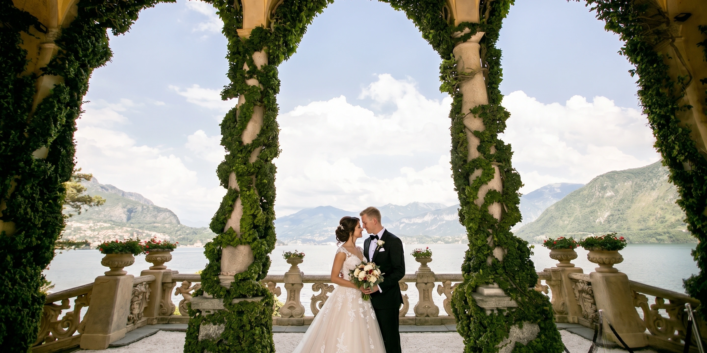 Destination wedding at Lake Como, Italy — neoclassical villa and the Italian Alps reflected in the lake