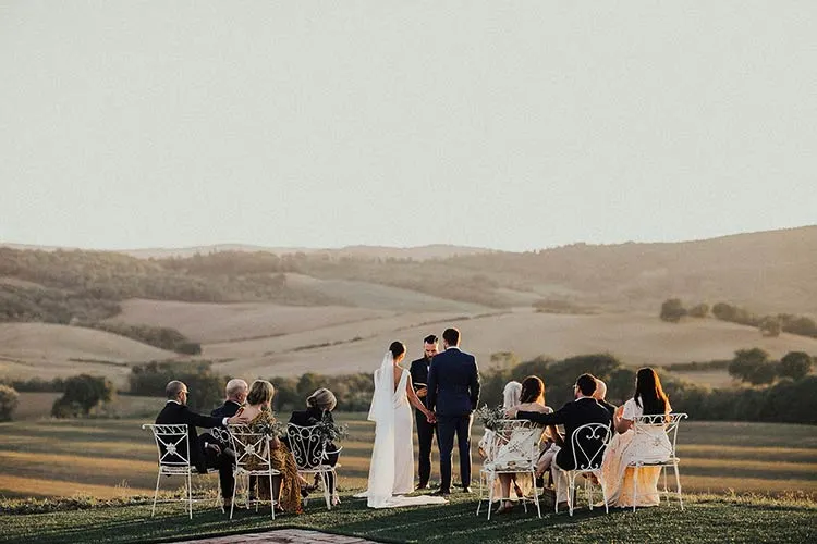 Destination wedding in Tuscany -- Val d'Orcia cypress avenues San Galgano Abbey and Chianti countryside