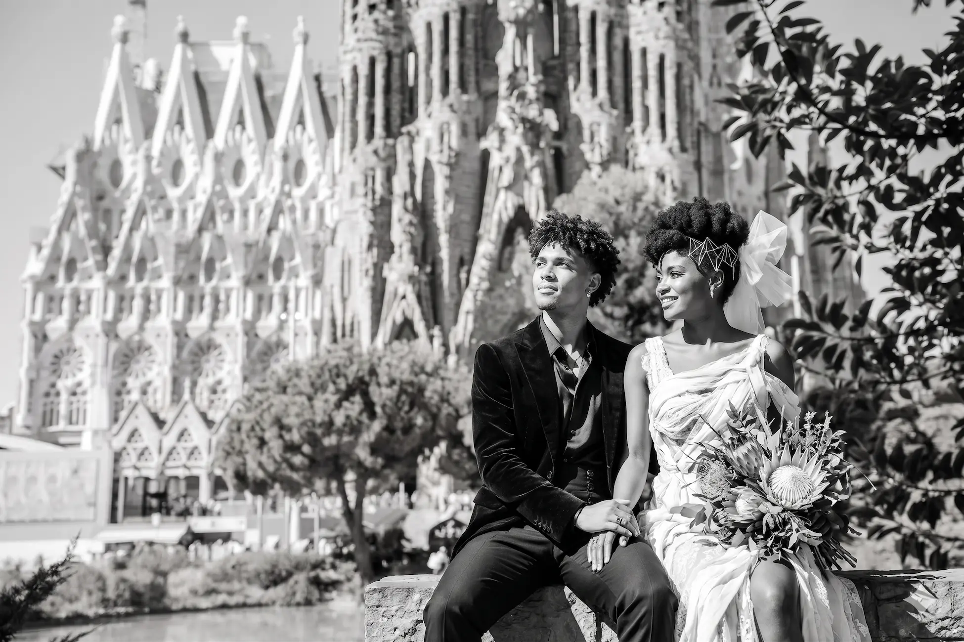 Destination wedding in Barcelona Spain -- Gaudi architecture Sagrada Familia Gothic Quarter and Mediterranean coast