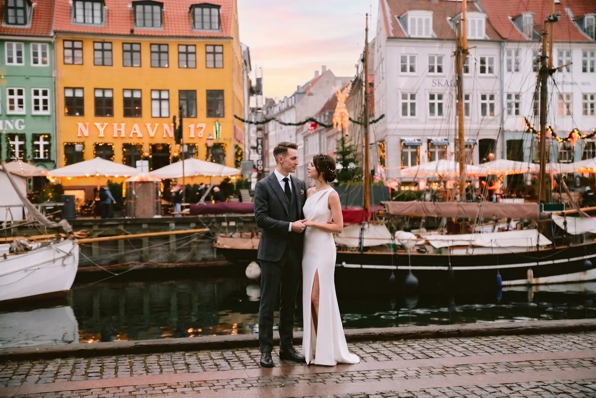 Destination wedding in Copenhagen -- Nyhavn canal waterfront Danish design architecture and Nordic light