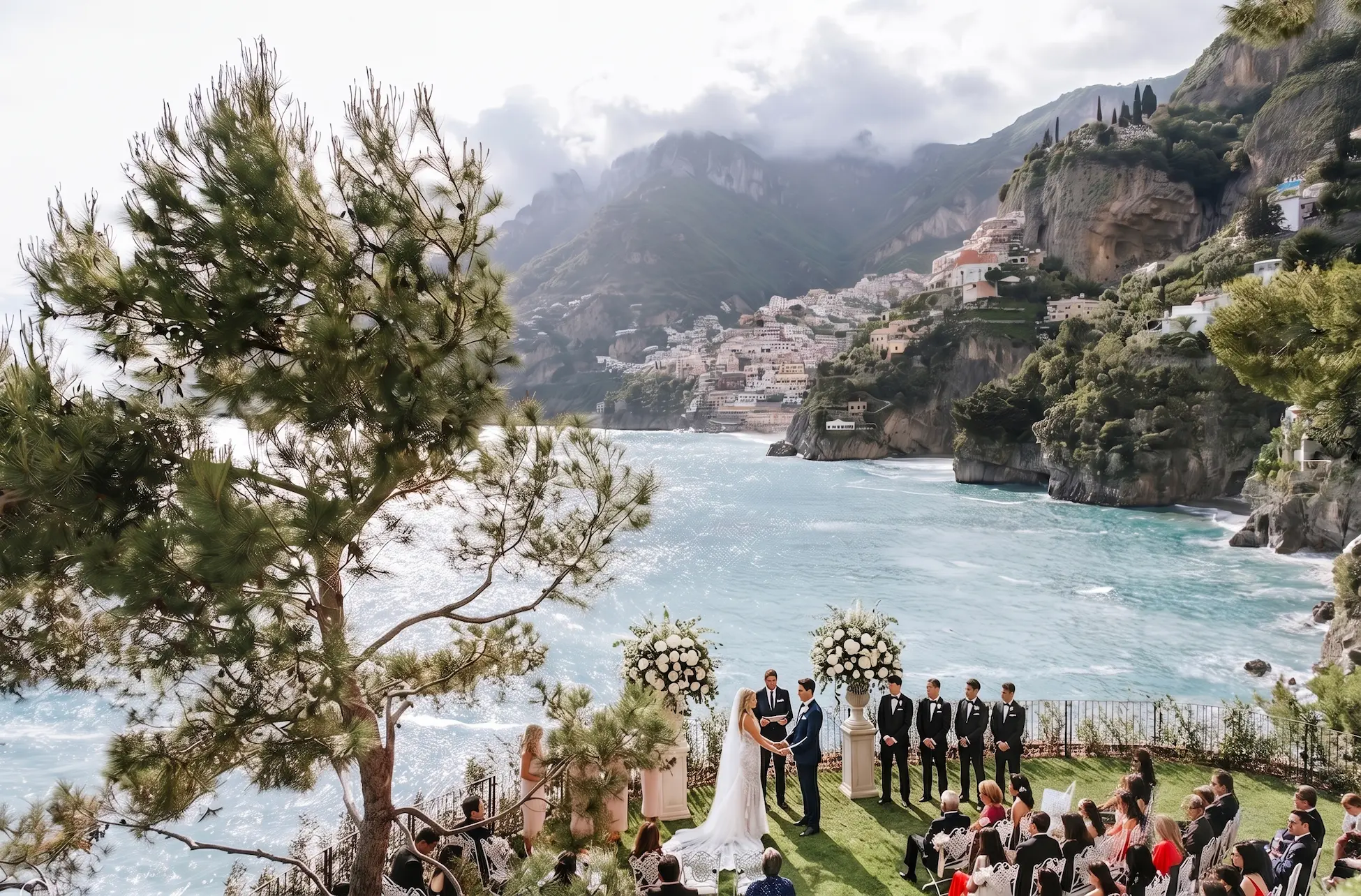 Destination wedding in Positano, Amalfi Coast — pastel cliffside houses and turquoise Tyrrhenian Sea